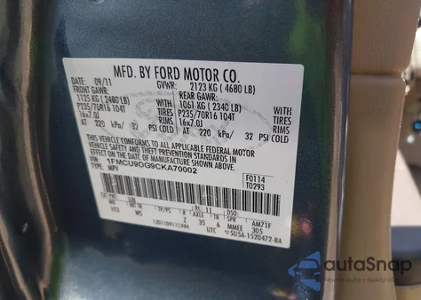 2012 Ford Escape Xlt из США, поврежденный, VIN 1FMCU9DG9CKA70002